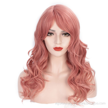 24 Inches Long Wave Hair Extension Wigs Pink Heat Resistant Full Cheap Woman Synthetic Hair Wig With Bangs No Lace Cosplay Use